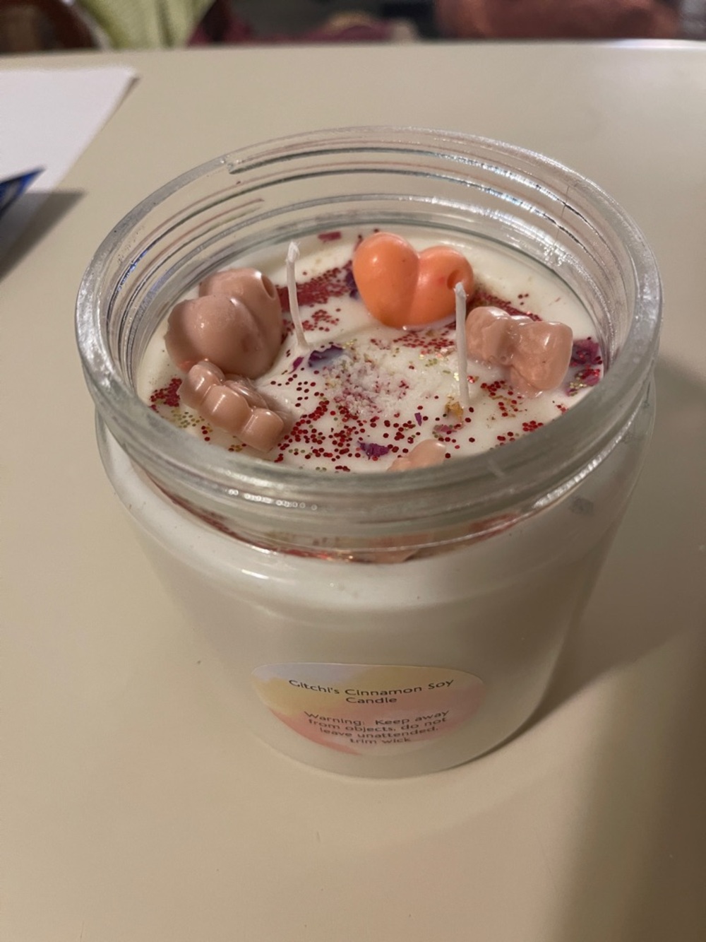 Hand-Poured Cinnamon Soy Candle with Pink Heart Embellishments